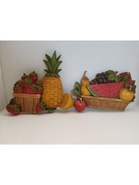 Vintage HOMCO 1975 Fruit basket wall Decor Plaques strawberries pineapple